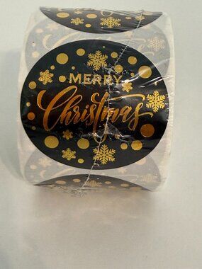 New 500 Count Roll Black and Gold Christmas Stickers